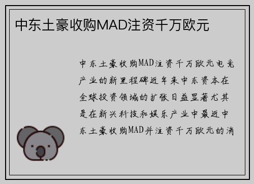 中东土豪收购MAD注资千万欧元