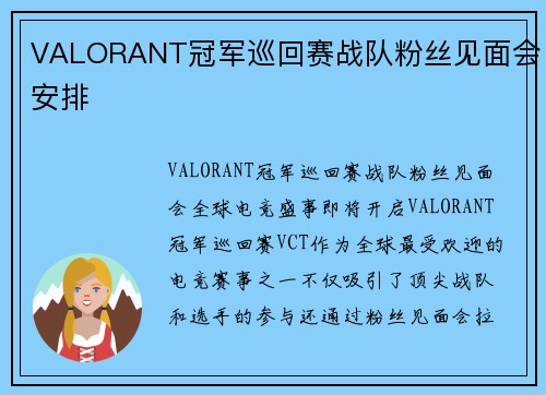 VALORANT冠军巡回赛战队粉丝见面会安排