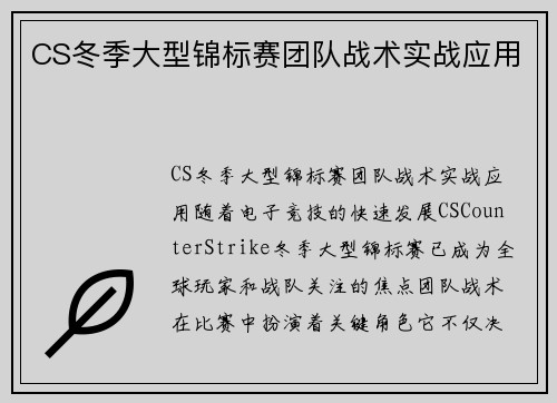 CS冬季大型锦标赛团队战术实战应用